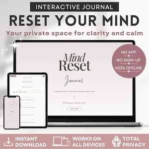 Interactief digitaal dagboek voor het resetten van de geest, angst- en stressverlichting, zelfreflectieprompts, HTML-werkboek