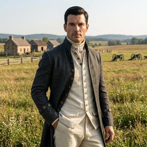 May include: A dark charcoal gray wool-blend frock coat worn over a cream-colored waistcoat and matching trousers. The coat features a high collar, long sleeves with buttoned cuffs, and a single row of metallic buttons down the front center.