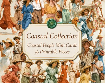 Coastal People Fussy Cuts, Vintage Seaside Journal Cards, Watercolor Beach Ephemera (Printable)