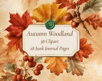 Autumn Woodland Junk Journal Kit: 38 Fall Clipart PNG and 28 Printable Journal Pages