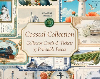 Coastal Junk Journal Ephemera: Vintage Tickets, Stamps and Wax Seals, 35 Printable PNG Pieces