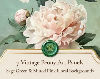 Vintage Peony Art Panels, Sage Green Pink Floral Junk Journal Pages (Digital Pack)