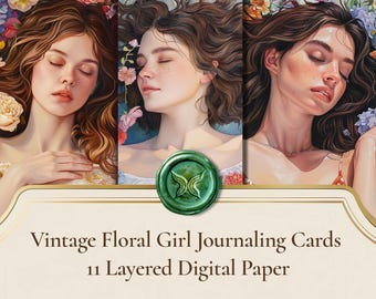 Vintage Floral Girl Journaling Cards, Romantic Ephemera Pack (Digital Paper)
