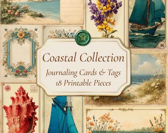 Vintage Coastal Journaling Cards and Tags, 18 Printable Seaside Ephemera, Junk Journal Kit, Nautical Scrapbook Paper, Digital Download