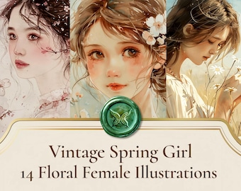 Vintage Spring Girl Watercolor Illustrations, Floral Female Portraits (Digital Download)
