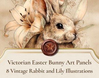 Victorian Easter Bunny Art Panels, 8 Vintage Rabbit Lily Illustrations, Junk Journal Ephemera