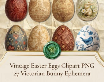 Vintage Easter Eggs Clipart, Watercolor Bunny Ephemera PNG Bundle (Digital Download)