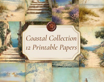Coastal Printable Papers, Vintage Junk Journal Digital Paper, Seaside Scrapbook Ephemera, Sea Collage Paper, 12 JPG Files