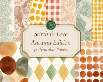 Fall Digital Paper, Gingham Junk Journal Pages, Watercolor Lace Polka Dot Backgrounds, Scrapbook Paper