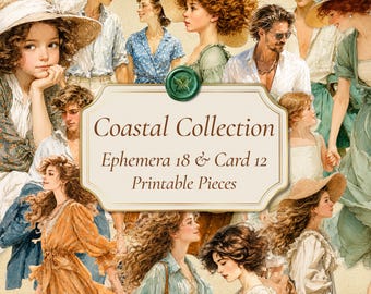 Coastal Collection-18 Vintage Printable Ephemera & 12 Journaling Cards, Vintage Travel Junk Journal Kit, Seaside Scrapbook Digital Download