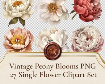 Vintage Peony Blooms Clipart Set – 27 High-Resolution PNGs for Journals, Scrapbooking (Personal Use)