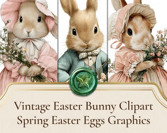 Vintage Easter Bunny Clipart, 17 Victorian Rabbit Illustrations, Spring Eggs Graphics, Junk Journal Ephemera
