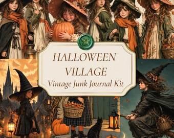 Halloween Junk Journal Kit Vintage Halloween Village Printable Ephemera Pack for Scrapbooking