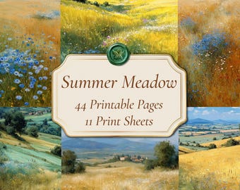 Summer Meadow Junk Journal Pages: Printable Wildflower Landscape Scrapbook Papers, 44 Pages