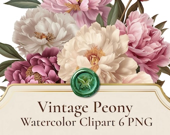 Vintage Peony Watercolor Clipart, Muted Pastel Floral PNG (Digital Download)