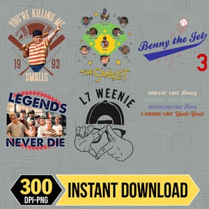 Może przedstawiać: Cyfrowy projekt graficzny z wieloma motywami baseballowymi. Zawiera obrazy z tekstem "YOU'RE KILLING ME", "SMALLS", "LEGENDS NEVER DIE", "L7 WEENIE" i "Benny the Jet 3". Obraz zawiera również tekst "300 DPI-PNG".
