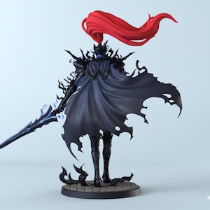 May include: A detailed figurine of a knight in black armor with a flowing black cape. The knight has a red plume and a glowing blue sword. The figure stands on a circular base with a stone-like texture. The overall design has a fantasy theme.