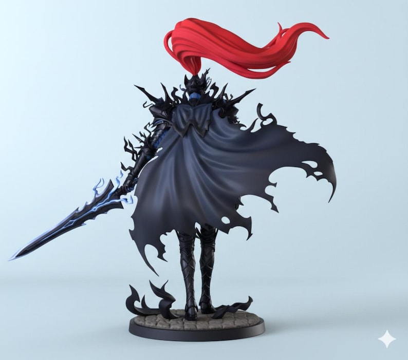 May include: A detailed figurine of a knight in black armor with a flowing black cape. The knight has a red plume and a glowing blue sword. The figure stands on a circular base with a stone-like texture. The overall design has a fantasy theme.