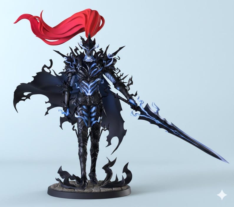 May include: A detailed figurine of a dark knight in full armor, holding a glowing blue spear. The knight's armor is black with blue accents, and a red plume flows from the helmet. The figure stands on a circular base.