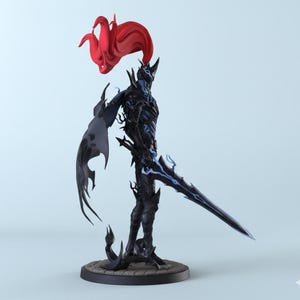 May include: A detailed figurine of a dark knight with a flowing red headpiece and a large sword. The knight is clad in black armor with blue accents, standing on a circular base. The figure has a stylized, fantasy design.