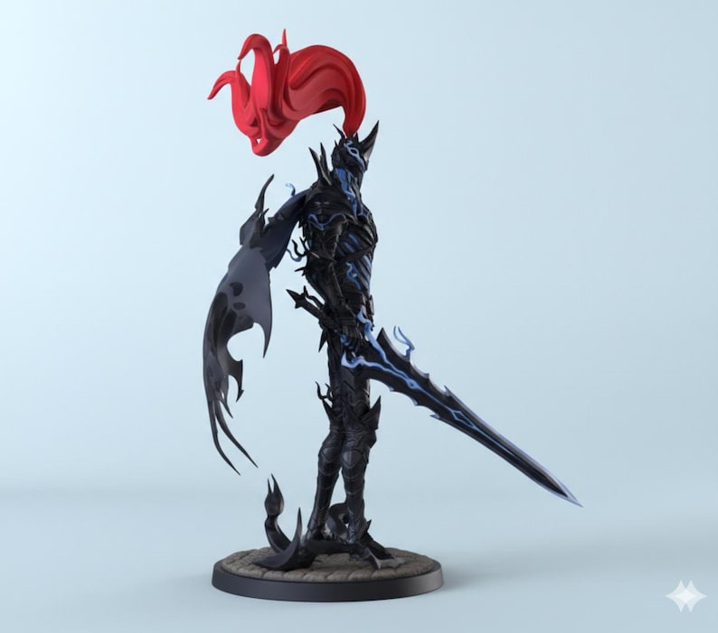 May include: A detailed figurine of a dark knight with a flowing red headpiece and a large sword. The knight is clad in black armor with blue accents, standing on a circular base. The figure has a stylized, fantasy design.