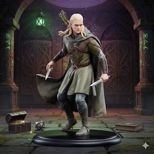 May include: A detailed figurine of a character from The Lord of the Rings, clad in green and brown attire, holding two daggers. The figure stands on a black base, with a quiver of arrows, a treasure chest, and a book in the background.