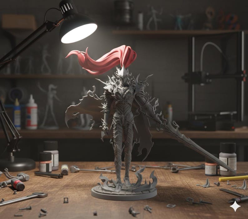 May include: A detailed gray figurine of a warrior with a flowing red cape and a large sword, standing on a circular base. The figurine is on a wooden workbench with tools and paint bottles, illuminated by a desk lamp.