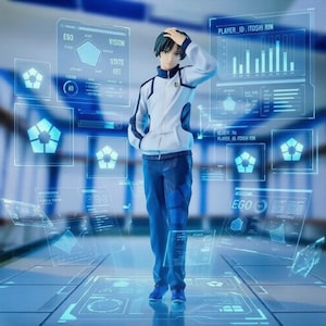 Może przedstawiać: Figurka młodego mężczyzny w białej i niebieskiej kurtce i niebieskich spodniach, z ręką na głowie. Figurka otoczona jest holograficznymi wyświetlaczami z tekstem, w tym "EGO", "VISION" i "STATS 69%". Widoczny jest również tekst "PLAYER ID: ITOSHI RIN".