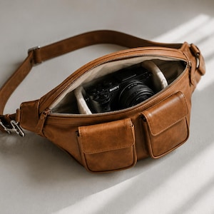 May include: A tan brown leather fanny pack featuring an adjustable strap, a main zippered compartment containing a black Sony camera, and two smaller exterior front pockets with flap closures. The interior is lined with a light-colored fabric.
