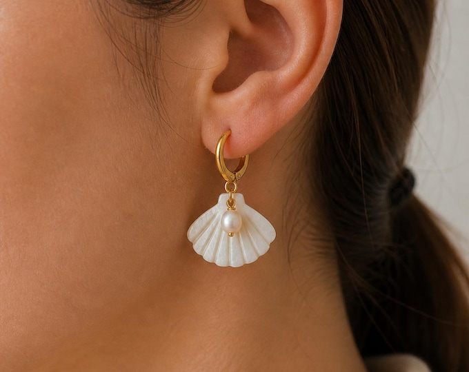 Featured listing image: Ivory scallop and pearl seashell earrings, white summer Huggies, gifts for her