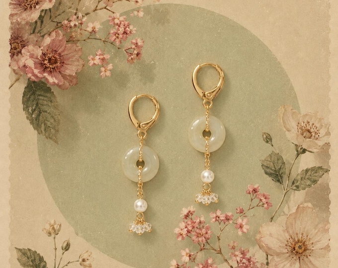 Featured listing image: White jade crystal earrings, pearl and stone pendant Huggies