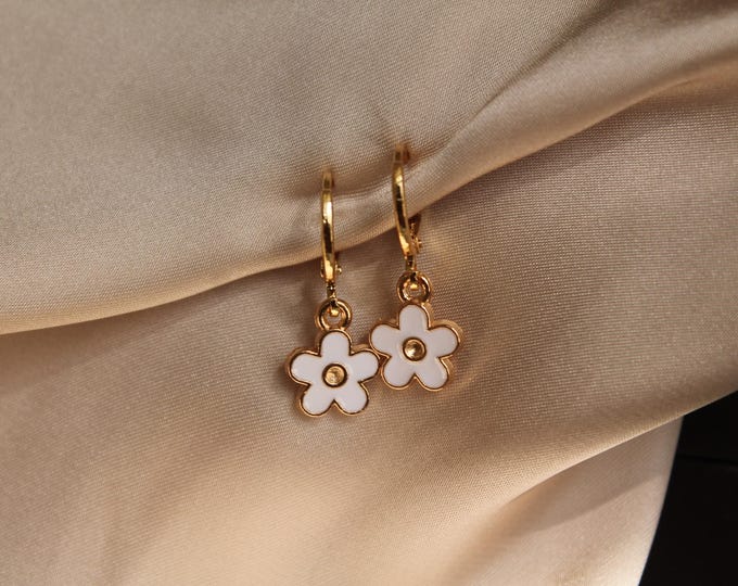 Featured listing image: Daisy charm earrings, minimalist gold hoop huggies, dangle earrings, gifts for her
