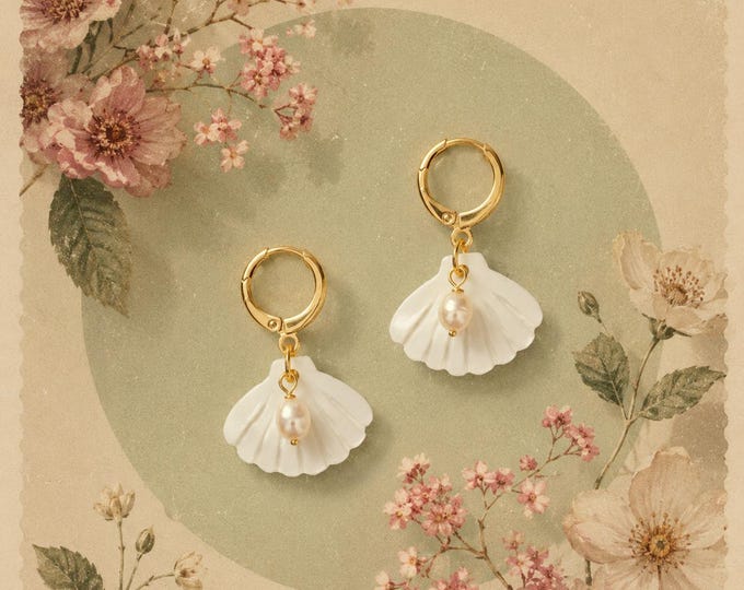 Featured listing image: Ivory scallop and pearl seashell earrings, white summer Huggies