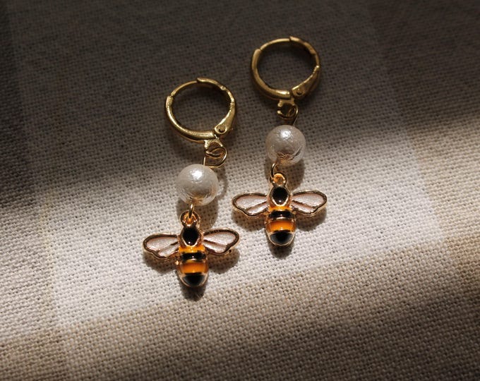 Featured listing image: Bumblebee pearl earrings, gold pearl Huggies, gifts for her