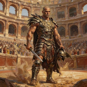 A full-body digital illustration of a muscular, battle-worn gladiator standing in the center of a crowded Roman-style colosseum. He has a shaved head and wears heavy, bronze-colored plate armor with feathered pauldrons and a dark tattered cape. He holds a short sword in one hand and a spartan-style helmet in the other. Dust swirls around his feet on the arena floor under a bright, hazy sky.