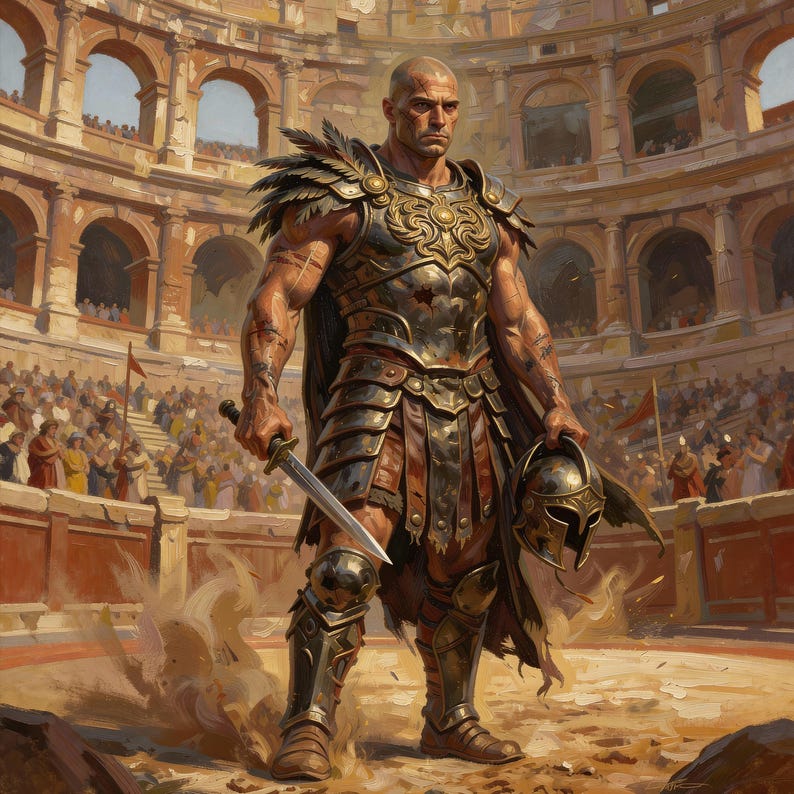 A full-body digital illustration of a muscular, battle-worn gladiator standing in the center of a crowded Roman-style colosseum. He has a shaved head and wears heavy, bronze-colored plate armor with feathered pauldrons and a dark tattered cape. He holds a short sword in one hand and a spartan-style helmet in the other. Dust swirls around his feet on the arena floor under a bright, hazy sky.