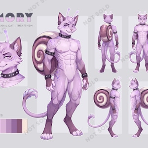 Pode incluir: Uma folha de referência de personagem digital para um Snail Cat chamado Emory, apresentando múltiplas vistas de um felino antropomórfico roxo claro com uma grande concha espiral nas costas, antenas e uma coleira preta com espinhos.