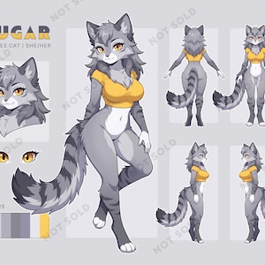 May include: Illustration of a gray cat-like character named Sugar, wearing a yellow crop top. The image includes a color palette and multiple views of the character, including a front, back, and side view. Text on the image reads "SUGAR SPECIES CAT | SHE/HER".