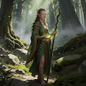 Fantasy art of a female Elf Druid or Nature Mage in green leafy robes. She holds a wooden staff with glowing earth magic in a misty, sunlit forest. Perfect for D&D character portraits, RPG gaming art, and woodland fantasy decor.