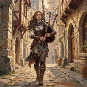 To optimize this final image for Etsy, here is the alt text designed for both screen-reader accessibility and search visibility:

Alt Text:

A full-body digital fantasy illustration of a female human bard walking through a sunlit, cobblestone medieval street. She is playing a set of large, ornate bagpipes and is dressed in a green and gold bodice, white puff sleeves, dark leather trousers, and tall lace-up boots. Her long brown hair flows behind her as she walks past timber-framed buildings.