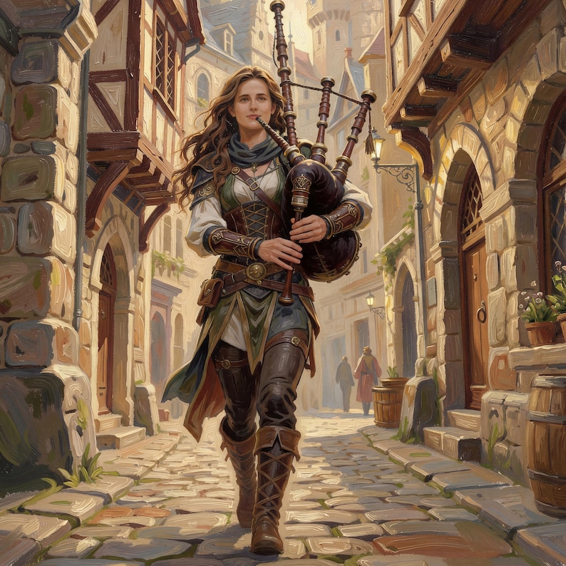 To optimize this final image for Etsy, here is the alt text designed for both screen-reader accessibility and search visibility:

Alt Text:

A full-body digital fantasy illustration of a female human bard walking through a sunlit, cobblestone medieval street. She is playing a set of large, ornate bagpipes and is dressed in a green and gold bodice, white puff sleeves, dark leather trousers, and tall lace-up boots. Her long brown hair flows behind her as she walks past timber-framed buildings.