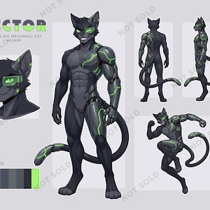 May include: A character reference sheet for a bio-mechanic cat named Vector. The illustration displays the character in multiple poses, including a headshot, full body, side, back, and action view, featuring dark gray fur with neon green accents.
