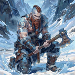A digital fantasy illustration of a muscular Viking barbarian kneeling in a snowy mountain pass. He has a ginger beard braided into two strands, a mohawk hairstyle, and blue swirling tattoos on his head and muscular shoulder. He wears fur-lined leather armor and bracers while holding a large, ornate battle axe with gold engravings. The background features jagged, snow-covered peaks under a cold, blue-tinted sky.