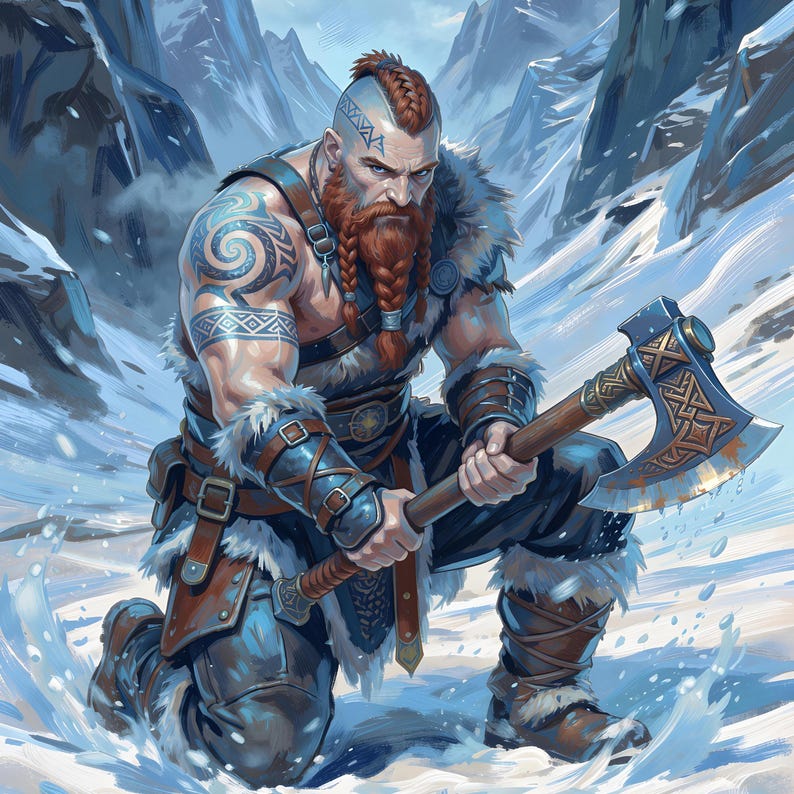 A digital fantasy illustration of a muscular Viking barbarian kneeling in a snowy mountain pass. He has a ginger beard braided into two strands, a mohawk hairstyle, and blue swirling tattoos on his head and muscular shoulder. He wears fur-lined leather armor and bracers while holding a large, ornate battle axe with gold engravings. The background features jagged, snow-covered peaks under a cold, blue-tinted sky.