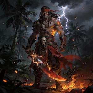 A full-body digital fantasy illustration of a muscular warrior with long dark dreadlocks and a red headband standing in a tropical jungle during a storm. He is shirtless, displaying glowing orange embers on his chest and arms, and wears a large skull buckle on his belt with a tattered red waist wrap. He holds a large, curved machete-style sword that crackles with orange lightning and fire. The background features dark palm trees under a stormy sky with a bright bolt of lightning striking.