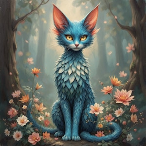 May include: An illustrated blue cat with striking yellow eyes and large ears, set in a forest scene with flowers. The cat has textured fur, and the background is a soft, blurred depiction of trees and falling petals.
