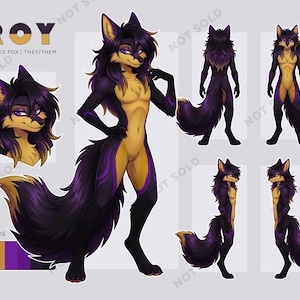 Può includere: Una scheda di riferimento digitale per un personaggio volpe di nome Roy, con diverse viste di una volpe antropomorfa con pelliccia viola scuro e nera, petto color sabbia e capelli lunghi. Il testo recita ROY, SPECIES FOX | THEY/THEM.