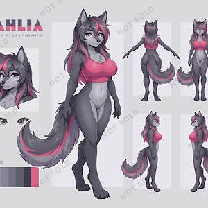 Op de afbeelding: Illustratie van een wolfkarakter genaamd Dahlia, met grijze vacht en roze accenten. Het personage wordt in meerdere poses afgebeeld, waaronder voor-, achter- en zijaanzichten. De afbeelding bevat een kleurenpalet en de tekst "DAHLIA SPECIES WOLF | SHE/HER".