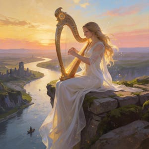 A digital fantasy portrait of a serene woman with long blonde hair, dressed in a flowing, ethereal white gown. She sits on the edge of a mossy stone cliff, playing a large, ornate golden harp that glows in the soft light. Below her, a winding river flows past ancient castle ruins toward a vibrant sunset on the horizon. The scene is filled with a peaceful, golden hour atmosphere and sparkling magical embers.