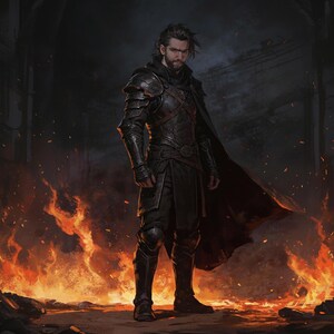 A digital illustration of a dark fantasy warrior standing amidst a field of rising flames. The man has long, dark, slightly disheveled hair and a beard, looking forward with a somber, determined expression. He is clad in intricate black plate armor with leather accents and a long, flowing dark cloak that disappears into the shadows of the background.